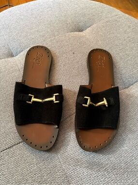 Zigi Artisan Black Suede Slide Sandals with Gold Hardware